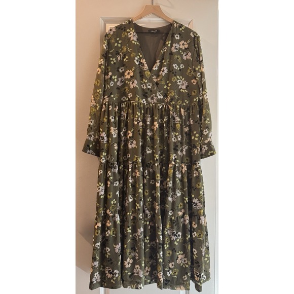 Madewell Dresses & Skirts - Madewell Floral Midi Dress Olive Green Tiered Long Sleeve Boho Size L